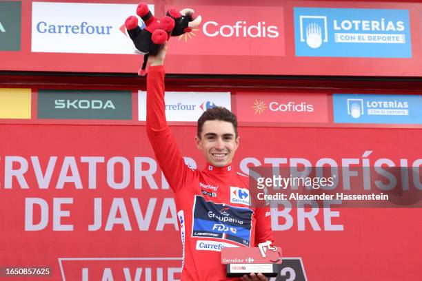 Lenny Martinez of France and Team Groupama - FDJ celebrates at podium as Red Leader Jersey winner during the 78th Tour of Spain 2023, Stage 6 a...