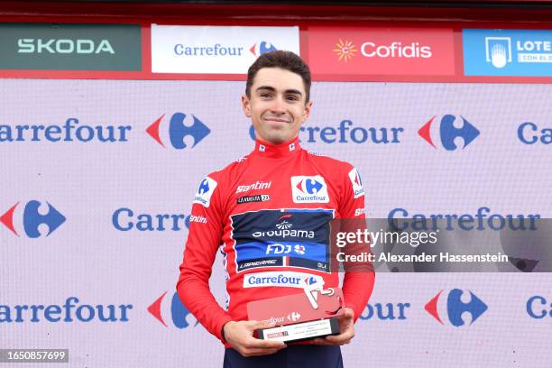 Lenny Martinez of France and Team Groupama - FDJ celebrates at podium as Red Leader Jersey winner during the 78th Tour of Spain 2023, Stage 6 a...