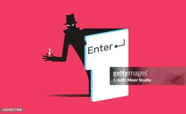 thief coming out of the enter key vector illustration - android malware stock illustrations