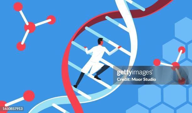 bildbanksillustrationer, clip art samt tecknat material och ikoner med doctor climbing up dna staircase vector illustration - general