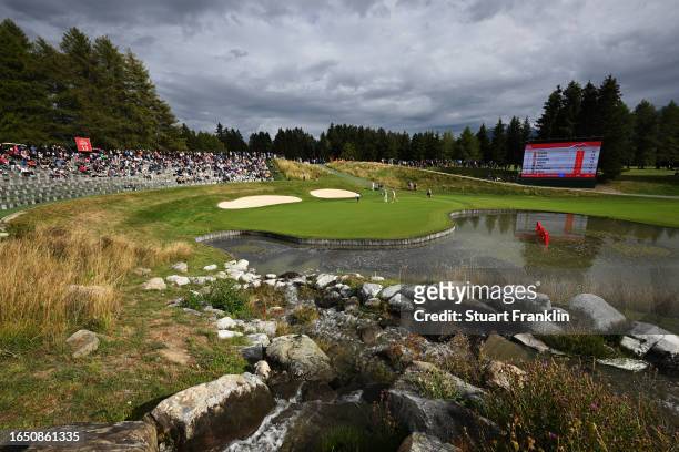 General view of the 13th green during Day One of the Omega European Masters at Crans-sur-Sierre Golf Club on August 31, 2023 in Crans-Montana,...