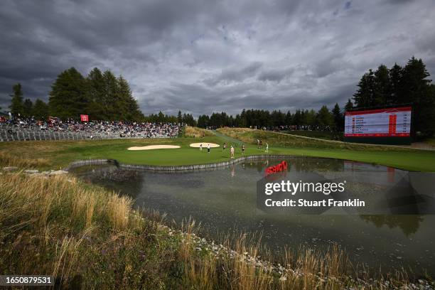 General view of the 13th green during Day One of the Omega European Masters at Crans-sur-Sierre Golf Club on August 31, 2023 in Crans-Montana,...