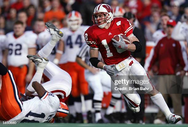 Sophomore defensive back Jim Leonhard of the Wisconsin Badgers turns upfield after intercepting a pass during the Big Ten Conference football game...