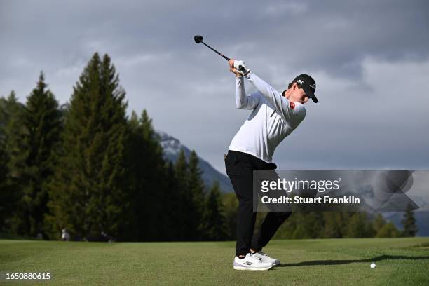 Matt Fitzpatrick of England plays their second shot on the 15th hole during Day One of the Omega European Masters at Crans-sur-Sierre Golf Club on...