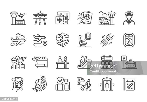 airport line icons editable stroke - escalator icon stock illustrations