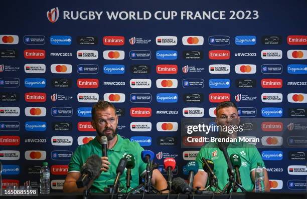 Bordeaux , France - 7 September 2023; Captain Jonathan Sexton, right, and cead coach Andy Farrell during an Ireland rugby media conference at the...