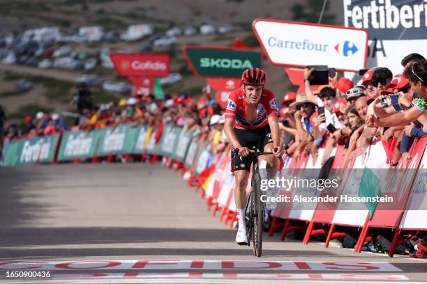 Remco Evenepoel of Belgium and Team Soudal - Quick Step - Red Leader Jersey crosses the finish line during the 78th Tour of Spain 2023, Stage 6 a...