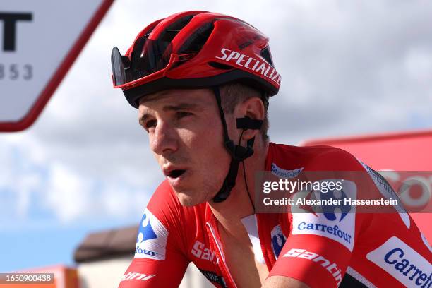Remco Evenepoel of Belgium and Team Soudal - Quick Step - Red Leader Jersey crosses the finish line during the 78th Tour of Spain 2023, Stage 6 a...