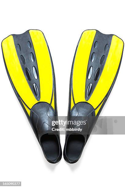 scuba diving fins, flippers - snorkel white background stock pictures, royalty-free photos & images
