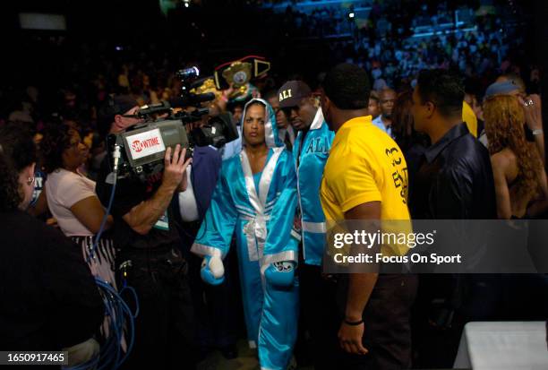 Super middleweight boxer Laila Ali enters the ring prior to her fight against Erin Toughill for the WBC female and WIBA super middleweight titles on...