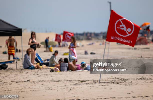 Flags warn that the beach is closed to swimmers at Rockaway Beach in New York as high surf from Hurricane Franklin delivers strong rip tides and...