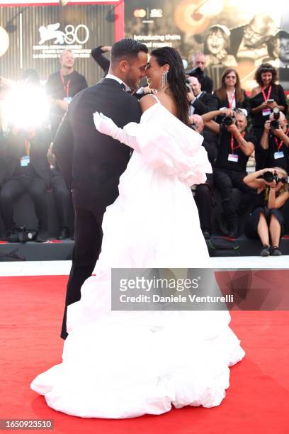 Pierpaolo Petrelli and Giulia Salemi attend a red carpet for the movie "Ferrari" at the 80th Venice International Film Festival on August 31, 2023 in...
