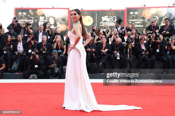 Patroness Caterina Murino attends a red carpet for the movie "Ferrari" at the 80th Venice International Film Festival on August 31, 2023 in Venice,...