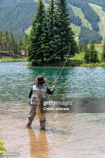 senior woman fly-fishing in colorado - individual event stock pictures, royalty-free photos & images