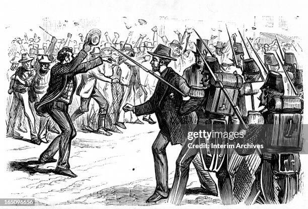 Illustration depicts a scene during the Great Railroad Strike, where a rioter is held by troops armed with rifles and bayonets, and defended by a...