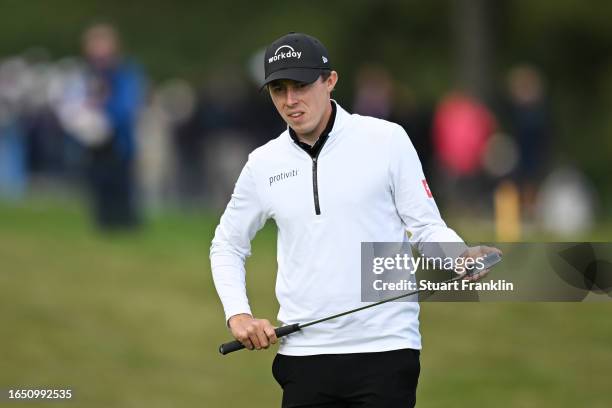 Matt Fitzpatrick of England lines up a putt on the 17th green during Day One of the Omega European Masters at Crans-sur-Sierre Golf Club on August...