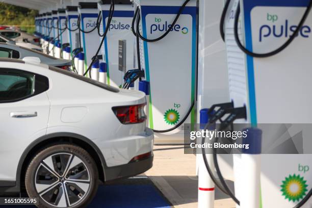 Row of ultra-fast 300KW BP Plc Pulse chargers at NEC Group Gigahub public electric vehicle charging hub in Birmingham, UK, on Thursday, Sept. 7,...