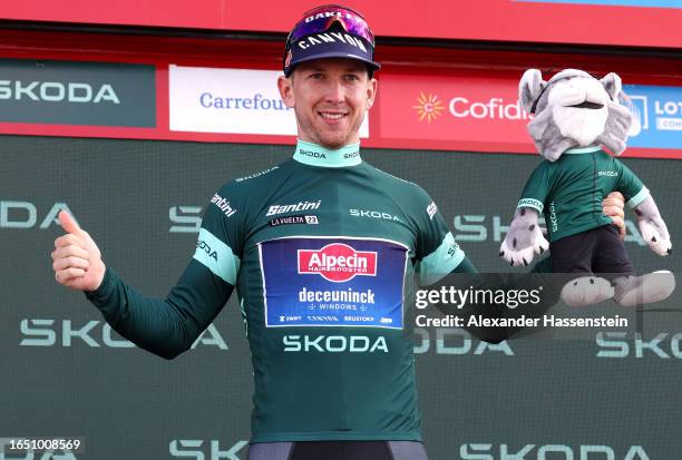 Kaden Groves of Australia and Team Alpecin-Deceuninck - Green Points Jersey celebrates at podium during the 78th Tour of Spain 2023, Stage 6 a...