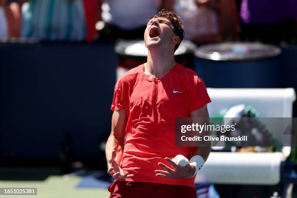 Jack Draper of Great Britain reacts during the match against Hubert Hurkacz of Poland during their Men's Singles Second Round match on Day Four of...