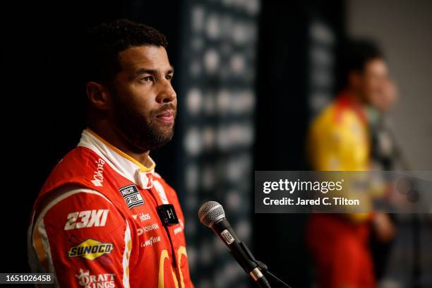 Cup Series driver Bubba Wallace speaks with the media during the NASCAR Cup Series Playoff Media Day at Charlotte Convention Center on August 31,...