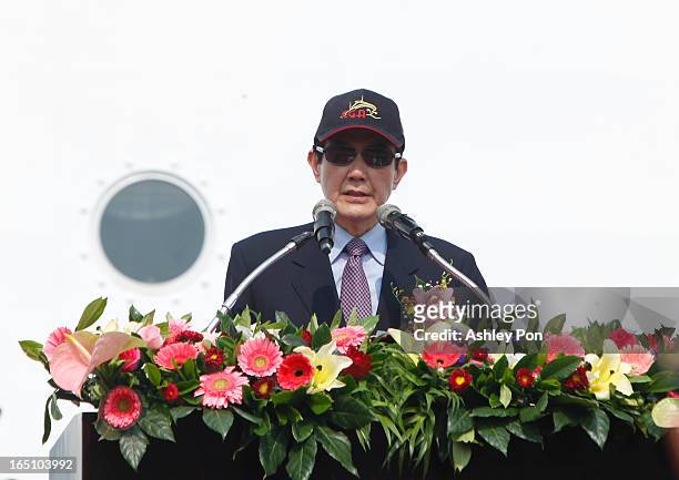 Taiwan president Ma Ying-jeou speaks during the Xin Bei Ship commissioning ceremony on March 30, 2013 in Kaohsiung, Taiwan. President Ma Ying-jeou...