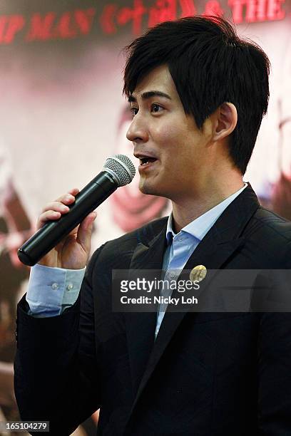 Actor Vic Chou of "Saving General Yang" speaks to fans at a meet and greet event in Square 2 on March 30, 2013 in Singapore.