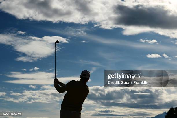 Rasmus Hojgaard of Denmark plays their second shot on the 17th hole during Day One of the Omega European Masters at Crans-sur-Sierre Golf Club on...