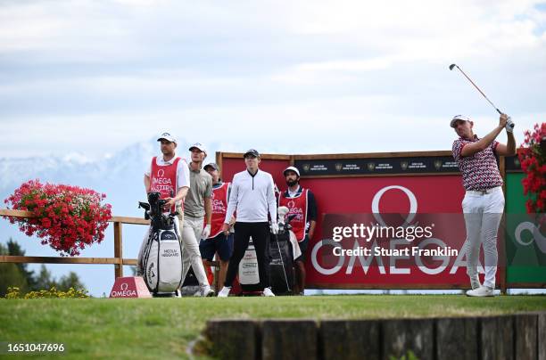 Matt Wallace of England tees off on the 18th hole during Day One of the Omega European Masters at Crans-sur-Sierre Golf Club on August 31, 2023 in...