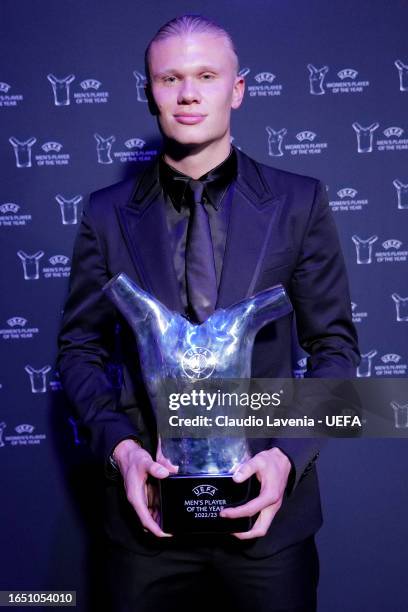 Erling Haaland of Manchester City poses with the UEFA Men’s Player of the Year award during the UEFA Champions League 2023/24 Group Stage Draw at...