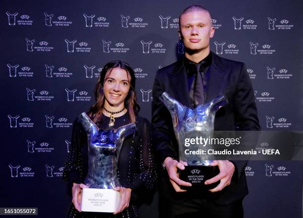 Erling Haaland of Manchester City and Aitana Bonmati of FC Barcelona pose for a picture during the UEFA Champions League 2023/24 Group Stage Draw at...