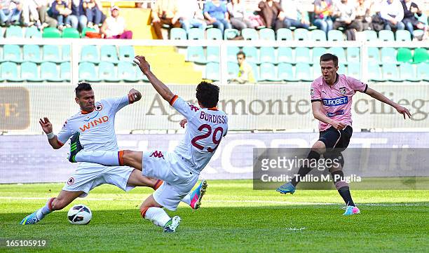 Josip Ilicic of Palermo scores the opening goal during the Serie A match between US Citta di Palermo and AS Roma at Stadio Renzo Barbera on March 30,...