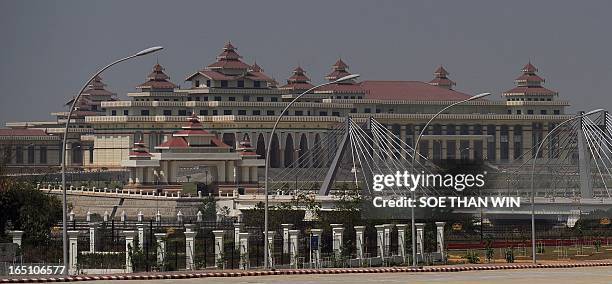 General view taken on March 27, 2012 shows Myanmar's parliament building in Naypyidaw. Myanmar holds by-elections on April 1 seen as a key test of...