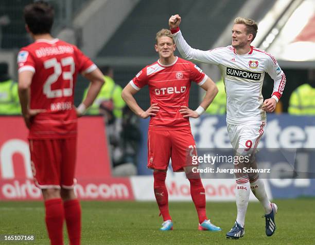Andre Schuerrle of Leverkusen celebrates during the Bundesliga match between Fortuna Duesseldorf and Bayer Leverkusen at Esprit-Arena on March 30,...