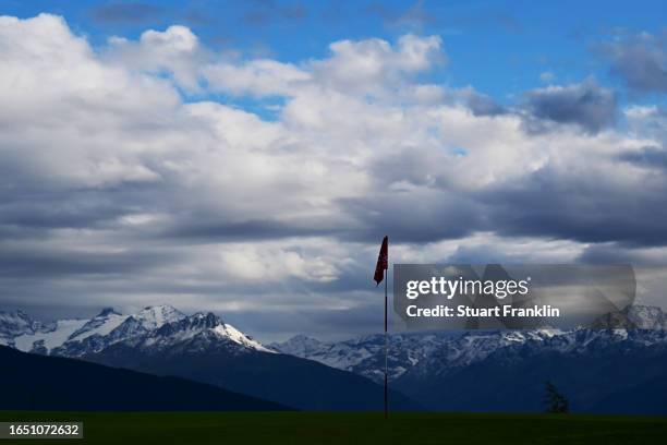 General view of the 7th green during Day One of the Omega European Masters at Crans-sur-Sierre Golf Club on August 31, 2023 in Crans-Montana,...