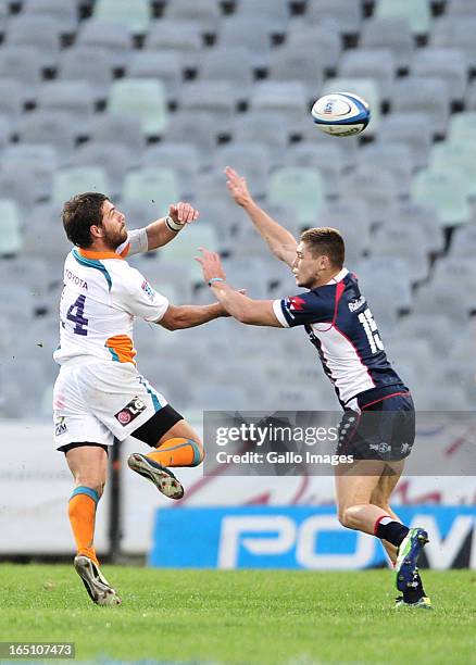 Willie le Roux of the Cheetahs and James O'Connor of the Rebels during the Super Rugby match between Toyota Cheetahs and Melbourne Rebels at Free...