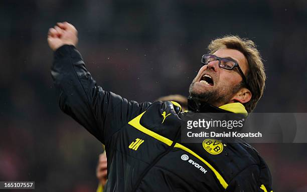 Coach Juergen Klopp of Dortmund reacts after the Bundesliga match between VfB Stuttgart and Borussia Dortmund at Mercedes-Benz Arena on March 30,...