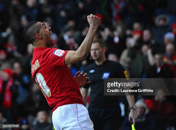 Lewis McGugan of Nottingham Forest celebrates his goal during the npower Championship match between Nottingham Forest and Brighton and Hove Albion at...