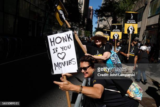 Members and supporters on the picket line as the SAG-AFTRA Union Strike continues in front of NBC Studios on August 31, 2023 in New York City....