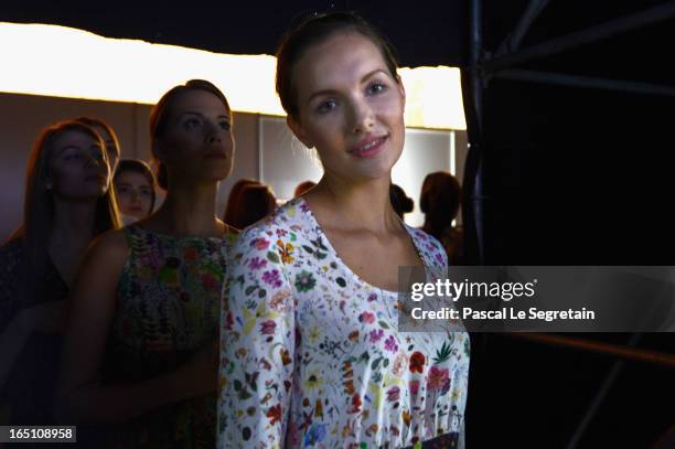 Model prepares backstage at the Olga Brovkina show during Mercedes-Benz Fashion Week Russia Fall/Winter 2013/2014 at Manege on March 30, 2013 in...