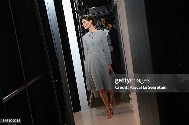 Model prepares backstage at the Olga Brovkina show during Mercedes-Benz Fashion Week Russia Fall/Winter 2013/2014 at Manege on March 30, 2013 in...