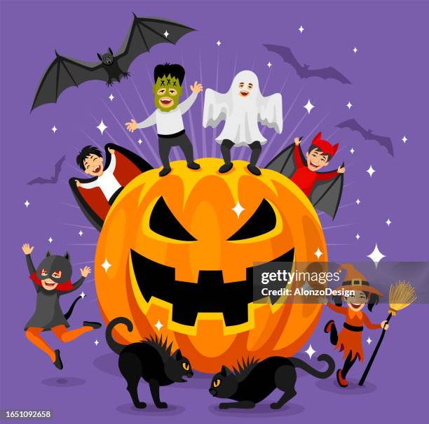 halloween-party-poster. süßes oder saures. - funny halloween cartoon stock-grafiken, -clipart, -cartoons und -symbole