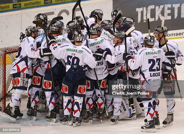 Player of Berlin are seen after winning game six of the DEL play-offs between Hamburg Freezers and Eisbaeren Berlin at O2 World on March 30, 2013 in...