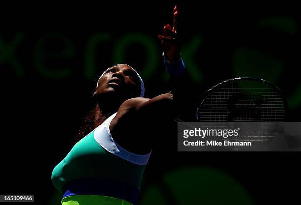 Serena Williams plays against Maria Sharapova of Russia in the final of the Sony Open at Crandon Park Tennis Center on March 30, 2013 in Key...
