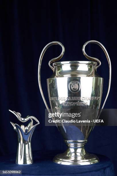 Group photo of the UEFA Men's Coach of the Year award and UEFA Champions League Trophy ahead of the 2023/24 European Club Football Season Kick-Off,...