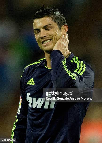 Cristiano Ronaldo of Real Madrid CF reacts after missing a penalty during the La Liga match between Real Zaragoza and Real Madrid CF at La Romareda...