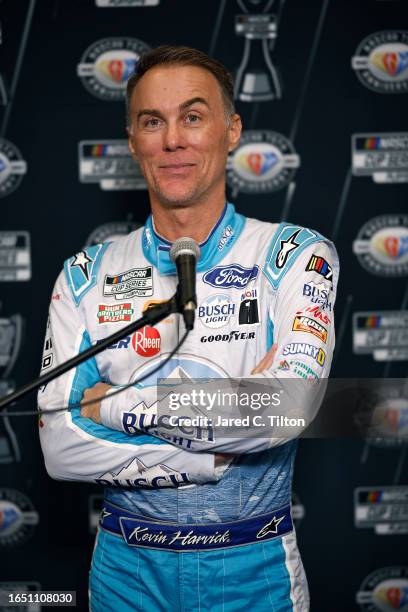 Cup Series driver Kevin Harvick speaks with the media during the NASCAR Cup Series Playoff Media Day at Charlotte Convention Center on August 31,...