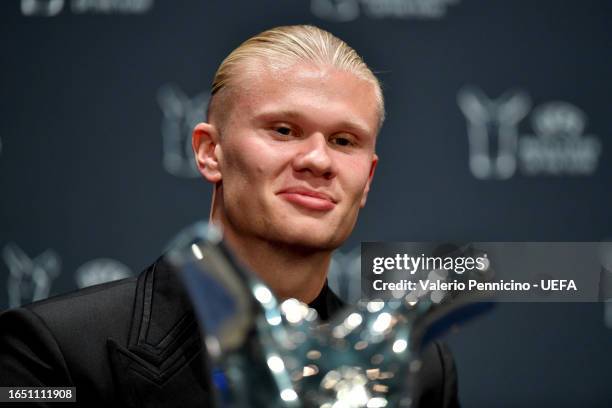 Erling Haaland of Manchester Cityattends the UEFA Awards 2022/23 Press Conference after receiving the UEFA Men’s Player of the Year award at Grimaldi...