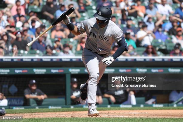 Everson Pereira of the New York Yankees reacts to a fifth inning fly our while playing the Detroit Tigers at Comerica Park on August 31, 2023 in...