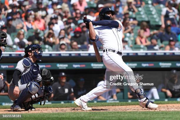 Riley Greene of the Detroit Tigers hits a fifth inning RBI single while playing the New York Yankees at Comerica Park on August 31, 2023 in Detroit,...