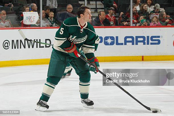 Brett Clark of the Minnesota Wild skates during warmups prior to playing in his first game as a member of the Minnesota Wild against the Los Angeles...